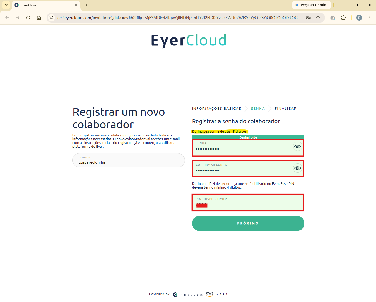 Tela para criar a senha e o PIN do retinógrafo