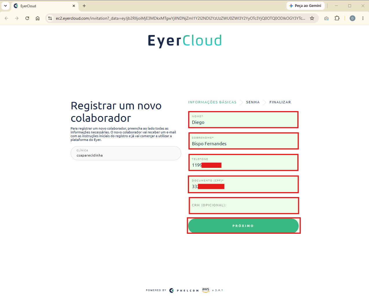 Tela para preencher nome, telefone e CPF no aceite do convite
