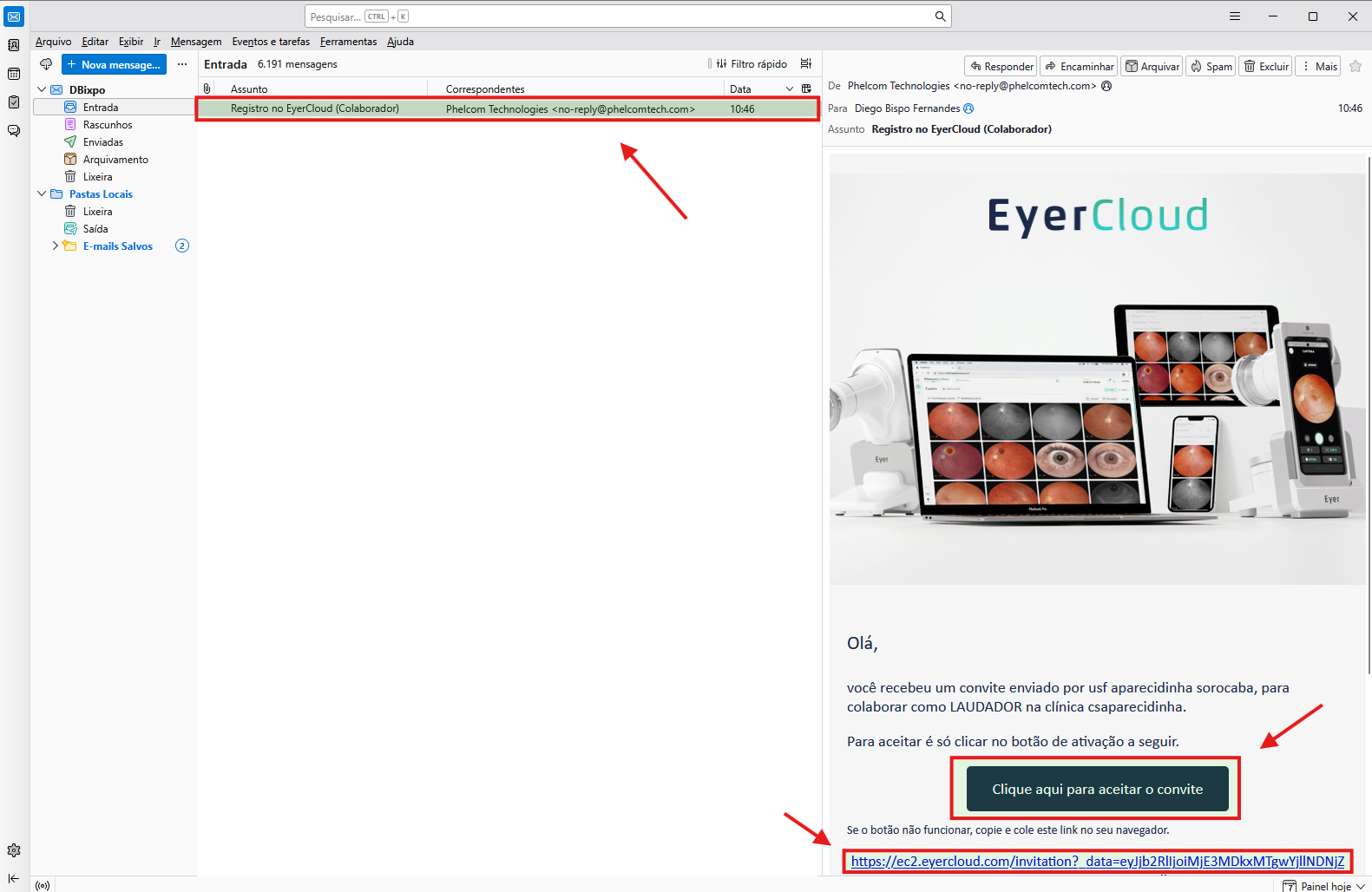 E-mail de convite do EyerCloud, com o botão para aceitar